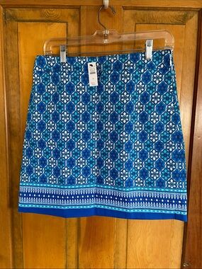 Talbots Blue & White Patterned Mini Skirt with Border Hem